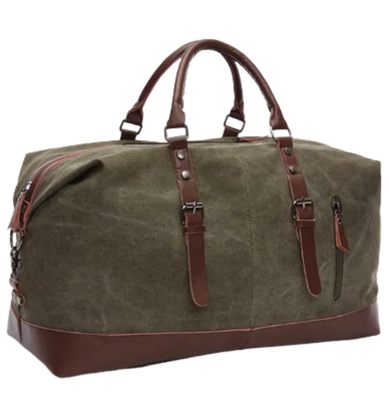 alt= " army green canvas travelling bag"