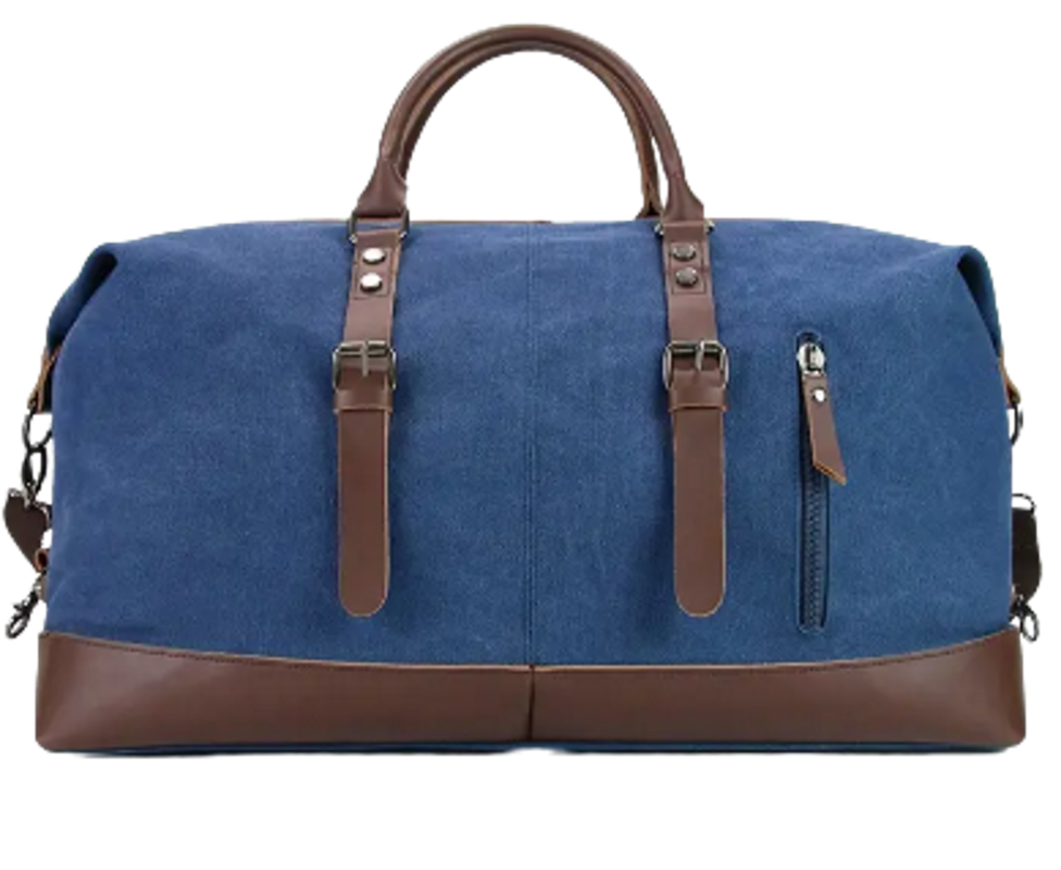 alt=" blue canvas travelling bag"